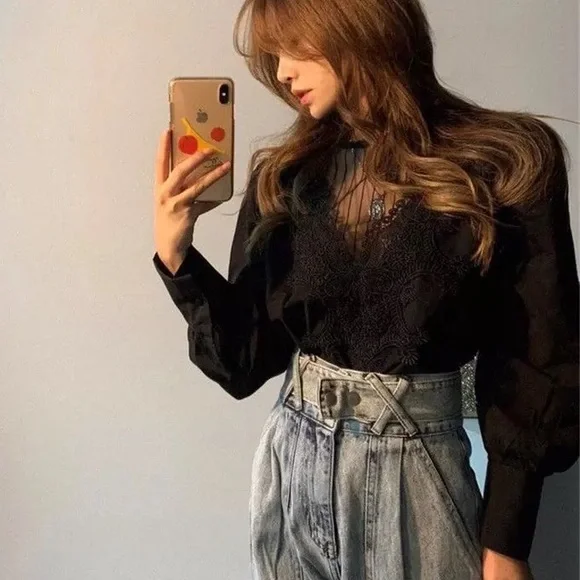 Black lace blouse mesh puff sleeve long sleeve shirt womens - Picture 2 of 5